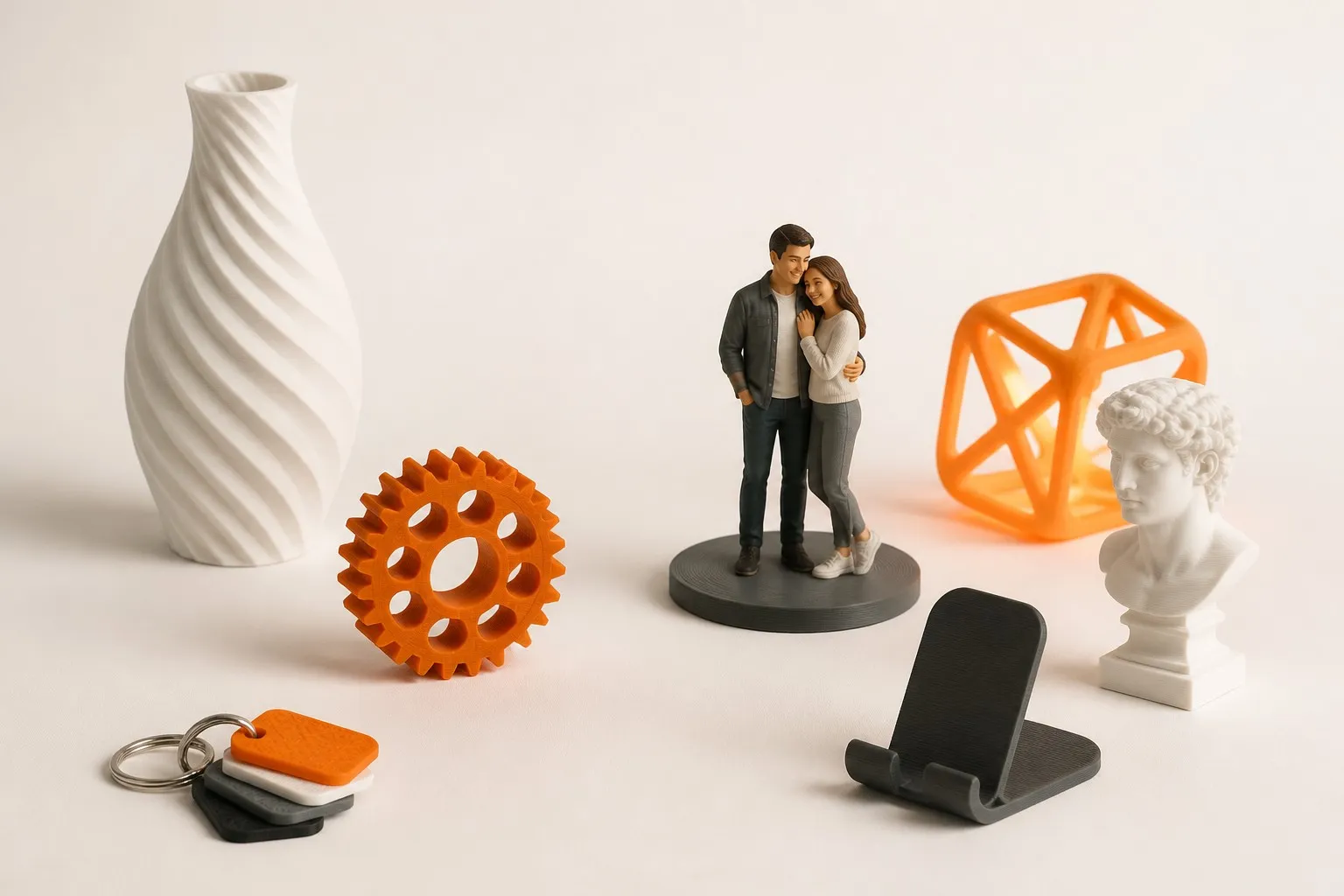 Изделия, напечатанные на 3D-принтере: ваза, фигурка, шестерня, брелоки, бюст